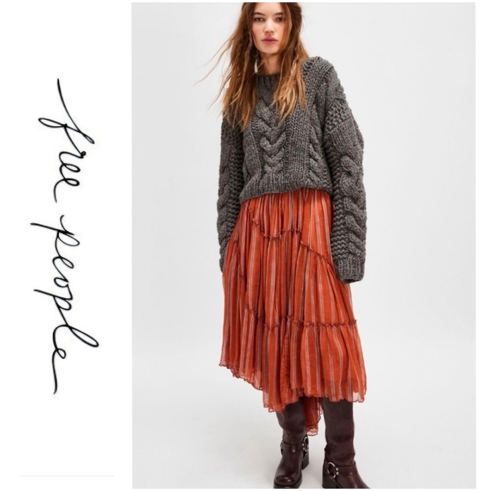 New FREE PEOPLE Fp One Terracotta Stripe Ember Printed Midi Skirt